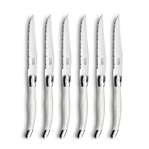 Image of Lou Laguiole Rustic Set of 6 Steak Knives – Pearl Stainless Steel Steak Knife Set – Serrated Blades for Effortless Cutting – Dishwasher Safe Table Knives