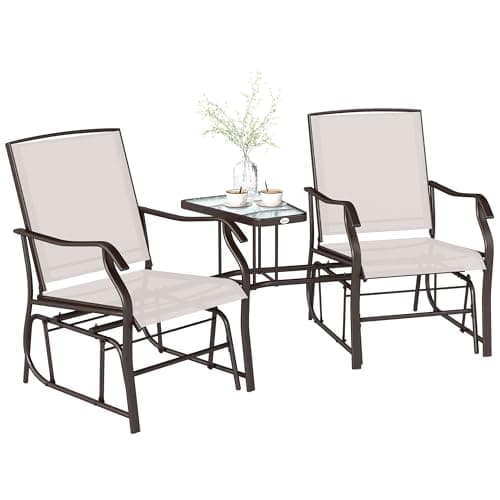 Image of Outsunny Outdoor Double Glider Rocking Chairs with Glass Top Middle Table, Metal Gliding Love Seat Conversation Furniture with Breathable Mesh Fabric Seat, for Garden, Patio, Brown