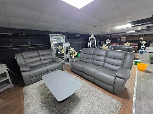Image of SOFA HUB 3+2 Seater Leather Recliner Sofa Set with Cupholders – Leather Manual Recliner Sofas for Living Room, (Full set 3+2) (Grey)