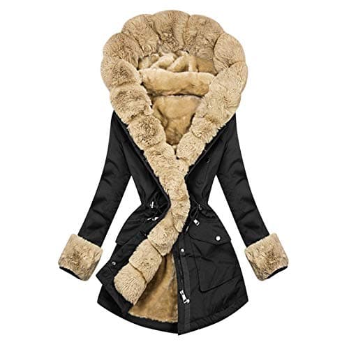 Image of HHMY Women's Winter Parka, Padded, Warm Teddy Lining Coat, Outdoor Jacket, Trenchcoat with Faux Fur Hood, Winter Coat, Long Sleeves, Thick Hooded Jacket, Tailored Quilted Parka Coat