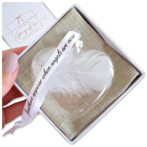 Image of White Feather Glass Heart Bauble. Gift Boxed Christmas Tree Decoration. Spiritual Angel Gift. Memorial Condolence Ornament