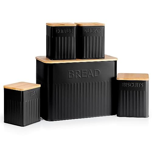 Image of EHC 5pc Kitchen Storage Containers Set with Airtight Lids Includes Set of 3 Airtight Square Tea, Coffee, and Sugar Canisters, Airtight Biscuit Barrel/Cookie Jar, Bread Bin With Wood Lid - Black