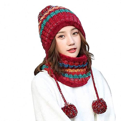 Image of Aisaving Women Knitted Hat Scarf Set Winter Warm Thicken Crochet Bobble Pom Pom Beanie Hat Cap Outdoor Ski Snowboard Cycle Bobble Hemming Hats with Fleece Lining(Red)
