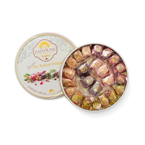 Image of Zaitoune Turkish Delight Mix - 250 g | Luxury Assortment with Pomegranate, Pistachio & Rose Presented in a Beautiful Gift Tin | Authentic Lokum Sweets | Handmade in Turkey & Traditional Recipe