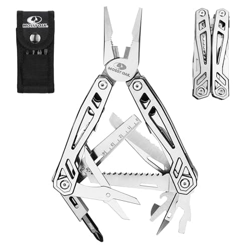 Image of Mossy Oak 22-in-1 Multi-Tool Pliers Includes Carry Bag, Stainless Steel Multifunctional Tool Featuring A Wire Cutter, Bottle Opener, and Screwdriver, Perfect for Camping and Maintenance, Metallic