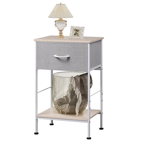 Image of WLIVE Bedside Table, 2-Tier Bedside Cabinet with Fabric Storage Drawer, Nightstand with Steel Frame, Side Table for Bedroom, Living Room, Light Grey