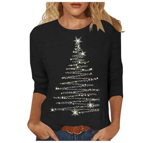 Image of Ladies Christmas Jumpers Xmas Jumper for Women UK Glitter Christmas Tree Print Long Sleeve Tops Cotton Crewneck Sweaters Women's Tree Tshirts Sweatshirts 01-Black XL
