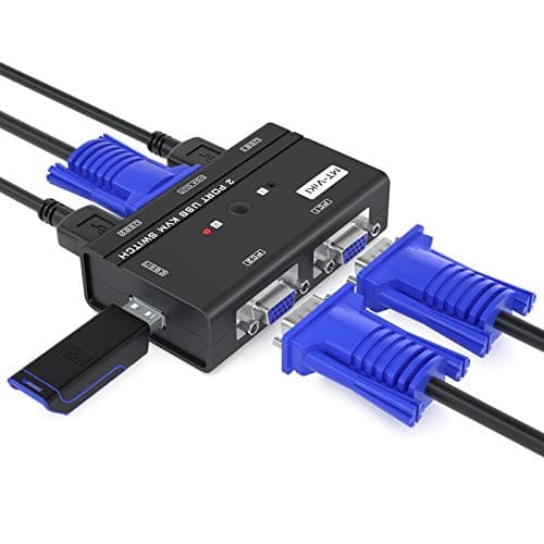 Image of VGA KVM Switch 2 port, KVM USB Switches Selector for 2 Computers Share One HD Monitor Keyboard Mouse Printer Speaker, MT-VIKI 2 in 1 out KVM Switches VGA +Cables 2in1 +3 USB Hub
