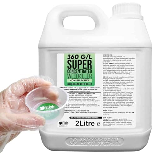 Image of Elixir Gardens 360 g/l Glyphosate Commercial Industrial Strength Weed Killer | Treats up to 3332 sq.m | Concentrated Herbicide/Weedkiller | 2 x 1 Litre Bottle + Measuring Cup & Gloves