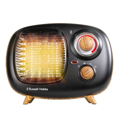 Image of Russell Hobbs 1500W/1.5KW Electric Heater, Retro Portable Ceramic Heater Scandi Wood Effect in Black, 2 Heat Settings, Adjustable Thermostat, 15m2 Room Size, RHRETPTC2001WDB, 2 Year Guarantee
