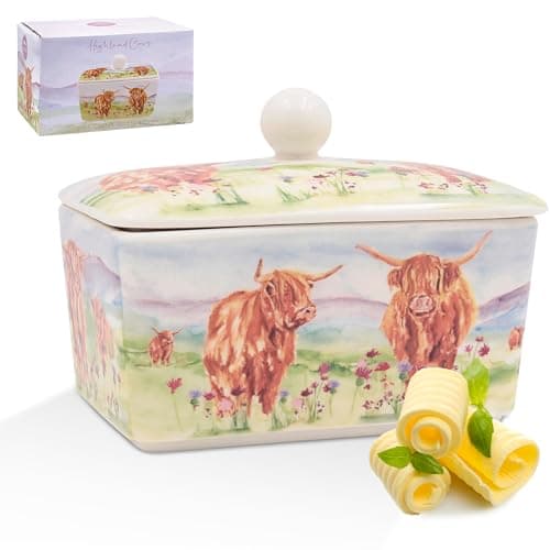 Image of The Leonardo Collection Jennifer Rose Gallery Highland Cow Butter Dish | Fine China Butter Keeper with Lid | Rustic Kitchen Storage for Breakfast Table | Countryside Animal Design Gift For Women & Men