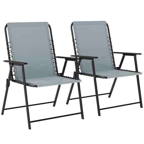 Image of Outsunny Folding Garden Chairs Set of 2, Foldable Garden Dining Chairs with Wide Texteline Seat, High Back and Armrests, All Weather Outdoor Chair Set for Patio, Balcony, Camping, Beach, Light Grey