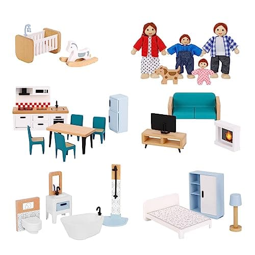 Image of OOOK Wooden Dolls House Furniture Set, 26 Pcs Doll House Accessories with 4 Family Dolls and Dog, Miniature Dollhouse Furniture Toys Pretend Play Set for Girls Boys Age 3+