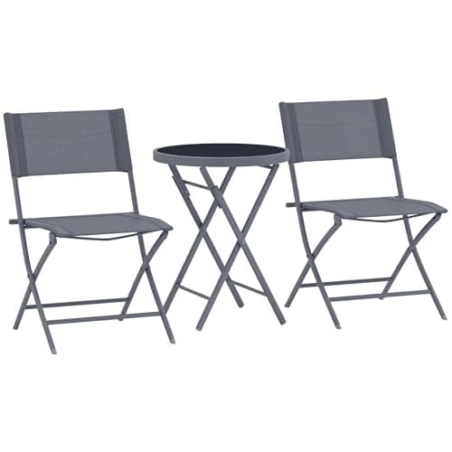 Image of Outsunny 3 Pieces Outdoor Bistro Set, Glass Top Outdoor Table and 2 Folding Chairs, Garden Furniture Set with Protecting Feet, Metal Frame, Easy Clean, Grey