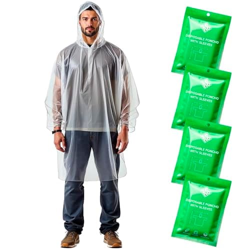 Image of ZENO Disposable Rain Poncho Waterproof with Sleeves - For Adults - Rain Coat with Hood, Pack of 4 - for Women and Men - Hiking, Camping