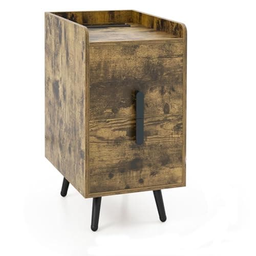 Image of COSTWAY 1/2PCS Smart Bedside Table, Slim Wooden Nightstand with 3 Charging Outlets, 2 USB Ports, 2 Drawers and Metal Legs, Narrow Accent End Sofa Side Table for Living Room Bedroom (1, Rustic Brown)