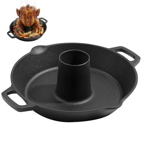 Image of Onlyfire Cast Iron Chicken Roaster Stand, BBQ Poultry Roaster Pan with Pour Spout and Handle, Barbecue Accessory for Grill and Oven
