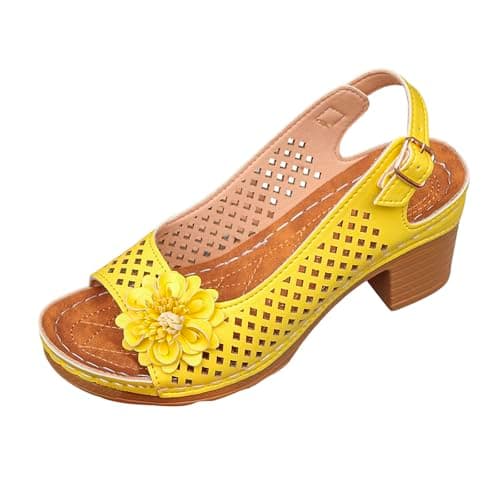 Image of Generisch Sandals Women's Comfortable Casual Shoes Open Toe Hollow Flower Wedge Heel Slippers Sandals, yellow, 5 UK