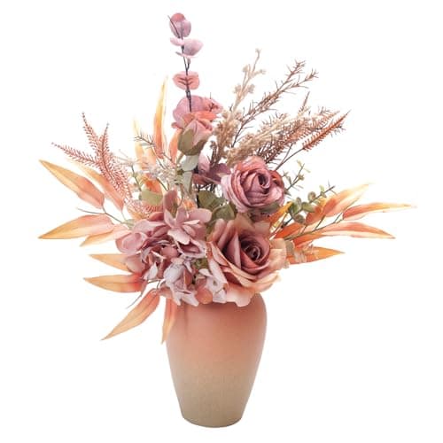 Image of Yorkmills Artificial Roses with Vase, Silk Fake Hydrangea, Autumn Flowers Bouquets Fall Flower Arrangment Spring Autumn Decor Suitable for Home, Office Table Centerpieces Decorations