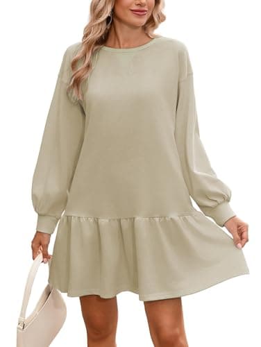 Image of Famulily Womens Long Sleeve Short Baby Doll Dress Cute Patchwork Ruffle Pullover Tunics for Leggings Beige L