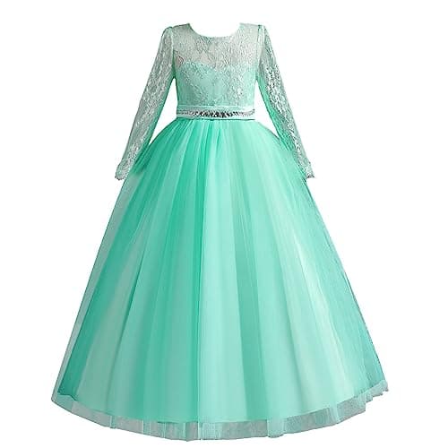 Image of M MUNCASO Lace Long Sleeve Princess Dress,Flower Girls Lace Dresses,First Communion Pageant Dresses,Girls Dresses Flower Girl Dress for Christmas Party,Birthday Party,Carnival Green, 11-12 Years