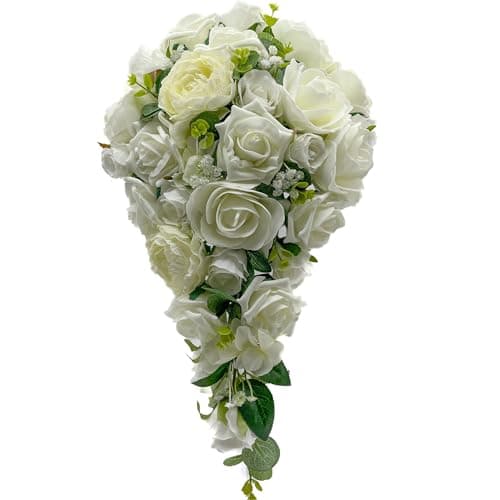Image of Silk Wedding Flowers Hand-made by Petals Polly, Ivory Cream Rose Brides Teardrop Bouquet with Ranunculus, Hydrangea & Eucalyptus
