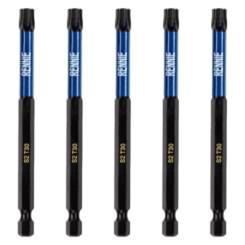 Image of 5 x Rennie Tools 100mm Long T30 TX30 Impact Screwdriver Driver Bits Set. Heavy Duty Magnetic Torx Screwdriver Bit Set. Black Oxide Coated Torx Impact Driver Bits. Torx Bit Set.