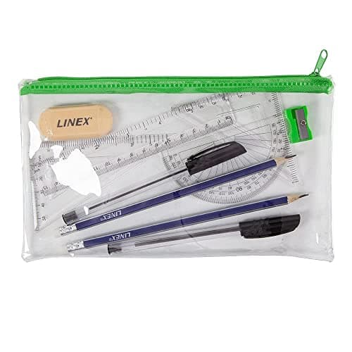 Image of Linex Clear Exam Pencil Case with Maths Set & Stationery, Exam-Approved Transparent Pencil Case with Geometry Tools for School, College & University
