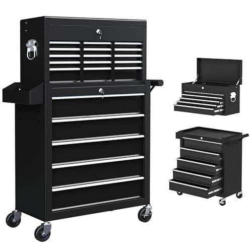 Image of HOMCOM 2 in 1 Rolling Tool Cabinet on Wheels with 14 Drawers, Pegboard and Side Rack, Lockable Top Tool Chest and Roller Cabinet Combo for Workshop and Home, Black