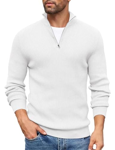 Image of COOFANDY Sweater Men Quarter Zip Jumper 1/4 Zip Turtleneck Sweater Long Sleeve Warm Winter Jumper Polo Neck Jumpers Mock Neck Pullover White L