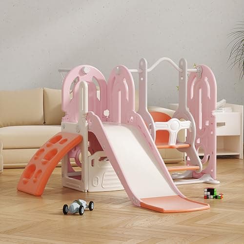 Image of FUKEA Climbing Slide with baby swing, 5 in 1 Toddler Slides with Climbing Frame, Swing, Storage Box, Basketball Hoop, Indoor Outdoor Garden Playground Climbing Theme Baby Slides for Toddlers Age 1-3