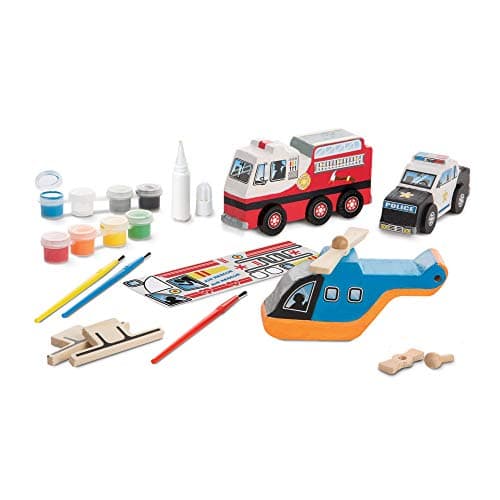 Image of Melissa & Doug Created by Me! Rescue Vehicles Wooden Craft Kit - Decorate-Your-Own Police Car, Fire Truck, Helicopter