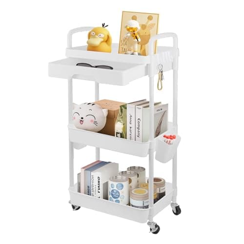 Image of Youyijia 5 Tier Vegetable Rack Kitchen Fruit Storage Basket Rotating Square Vegetable Rack with Wheels Movable Kitchen Storage Rack for Kitchen Living Room Toilet Storage (White 3 Tier)