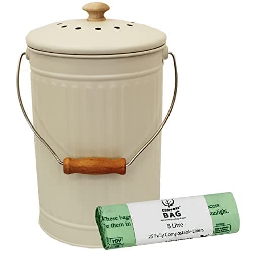 Image of Chalk White – 7 Litre Metal Compost Caddy/Food Waste Bin & 25 x Compostable Bags