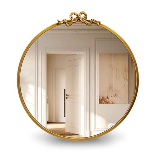 Image of TopCity Vintage Round Gold Wall Mirror Bathroom Vanity Mirrors Decorative Antique Metal Ornate Circle Mirror, Baroque Home Bow Decor for Dressing Table,Bedroom,Living Room,Hallway