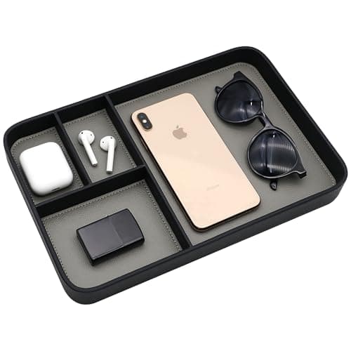 Image of PU Leather Valet Tray, Stylish and Organized Entryway Bedside Desk tray, EDC Catchall Tray for Phone Keys Watch Wallet Jewelry (Black)