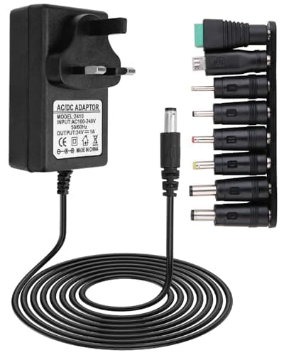 Image of 24V 1A Power Supply Adapter UK 100-240v 50/60hz AC to DC with 8 Replacement Tip Universal 5.5x2.1mm Multi Plug Charger for Household Electronics LED Strip Light Router Sound Bar Nail Lamp
