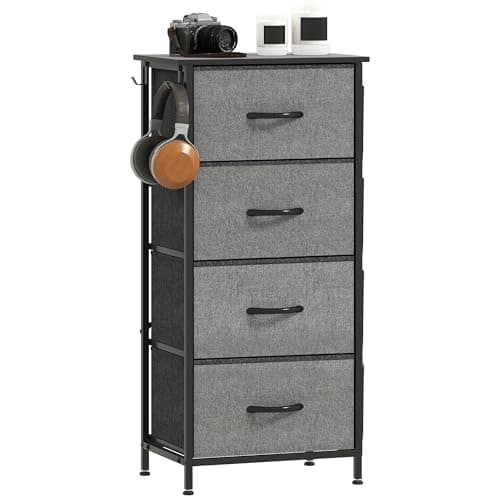 Image of HOMCOM Chest of Drawers, Dresser for Bedroom with 4 Fabric Drawers, Tall Storage Unit with 4 Pockets, 2 Hooks and Steel Frame for Living Room, Hallway, Charcoal Grey