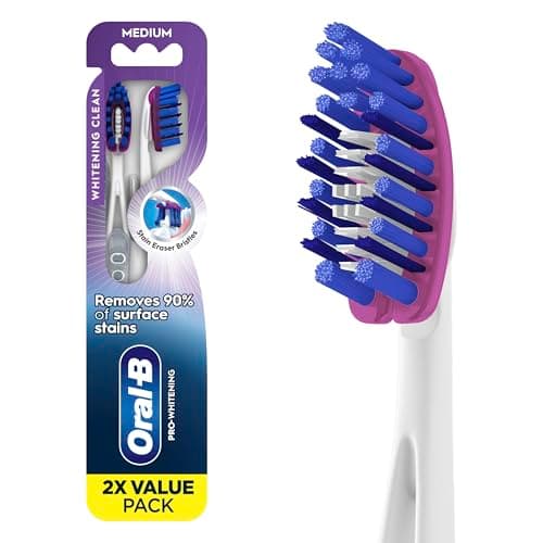 Image of Oral-B 3D White Deep Stain Remover Toothbrushes, 2 Count Medium, Whitens Teeth, Removes 90% Surface Stains, Deep Reach, Plaque Removal