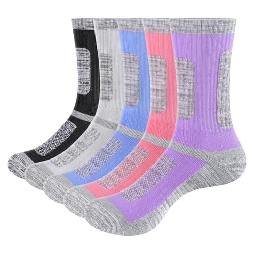 Image of YUEDGE Women's Cushioned Hiking Walking Socks Moisture Wicking Womens Socks Anti Blister Anti-Odor Padded Thick Cotton Socks For Women, Size 4-7, Multipack, 5 Pairs