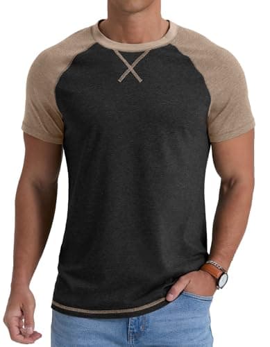 Image of QIXING Mens Tshirt Crew Neck Cotton T Shirt Summer Raglan Short Sleeve Shirt Tops C Black XL