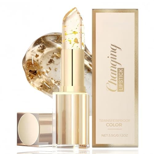 Image of PH Reactive Lipstick,Colour Changing Lipstick & Lip Balm,Temperature Adjusting Lip Tint with Gold Foil,Long Lasting Moisturising Gloss,Hydrating Shine & Smooth Texture, Crystal Jelly Flower Lip/stick