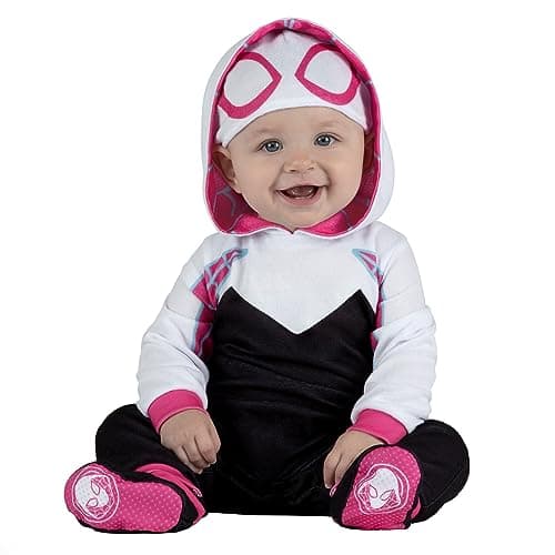 Image of Marvel Spider-Gwen Official Infant Costume - Hooded Jumpsuit with Cap and Booties