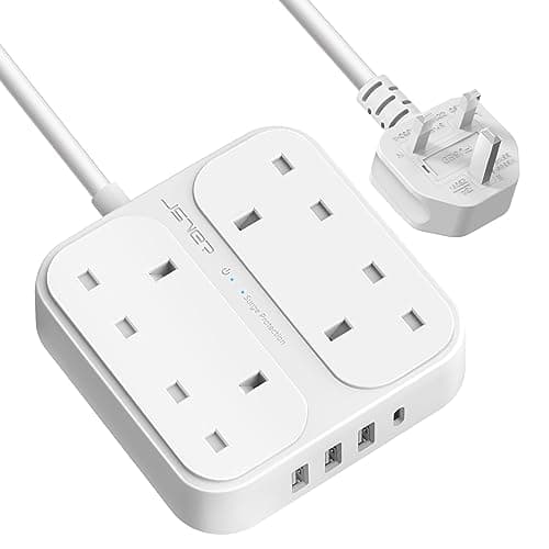 Image of Extension Lead with USB Slots,JSVER 13A 4 Way Surge Protection Multi Plug Power Strip with USB- C and 3 USB Ports Extension Cable with 1.8M Cord Power Socket for Home, Office-White