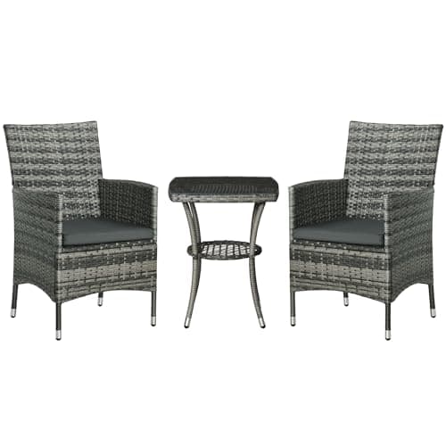 Image of Outsunny 3 Pieces Rattan Bistro Set, Wicker Garden Furniture Set with 2-Tier Coffee Table and Chairs, Washable Cushions, for Outdoor Patio Balcony, Mixed Grey