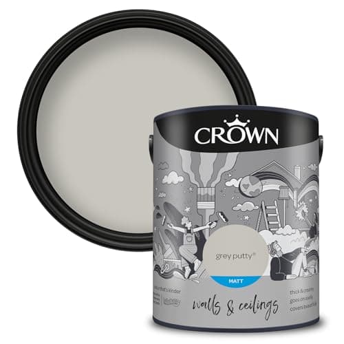 Image of CROWN Grey Putty - Matt Emulsion Paint - Water Based, Quick Dry - Light Grey Paint for Walls & Ceilings - 5L