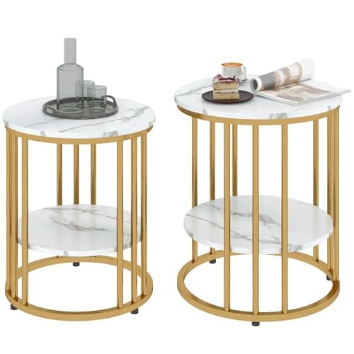 Image of HOMCOM Round Coffee Table Set of 2, Marble-Effect Side Tables with Storage Open Shelf and Steel Frame for Living Room, Bedroom, Gold Tone