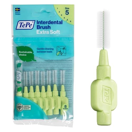 Image of TePe Interdental Brush, Extra Soft, Green, 0.8mm/ISO 5, 8pcs, Plaque Removal, efficient Clean Between the Teeth, Tooth Floss, for Small Gaps
