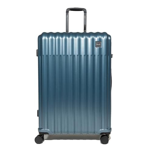 Image of Rock Luna Large Hard Shell Suitcase in Blue – Lightweight Durable ABS Case with TSA Lock, 8 Spinner Wheels & Telescopic Handle – Metallic Checked Luggage- 76.5x52x30cm 104L Capacity