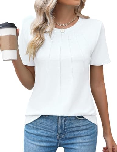 Image of Rapbin Womens Casual Crew Neck Short Sleeve Pleated Tops Blouses Fashion Clothes 2026,White,L